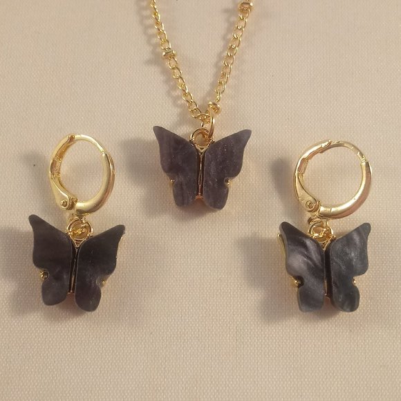 Gold Plated Black Opal Resin Butterfly Earrings Pendant Necklace Set 18" Gift - Picture 1 of 4